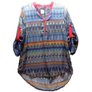 Signature Studio Small Patterned Sheer Multicolor 3/4 Sleeve Tunic Mock V Neck